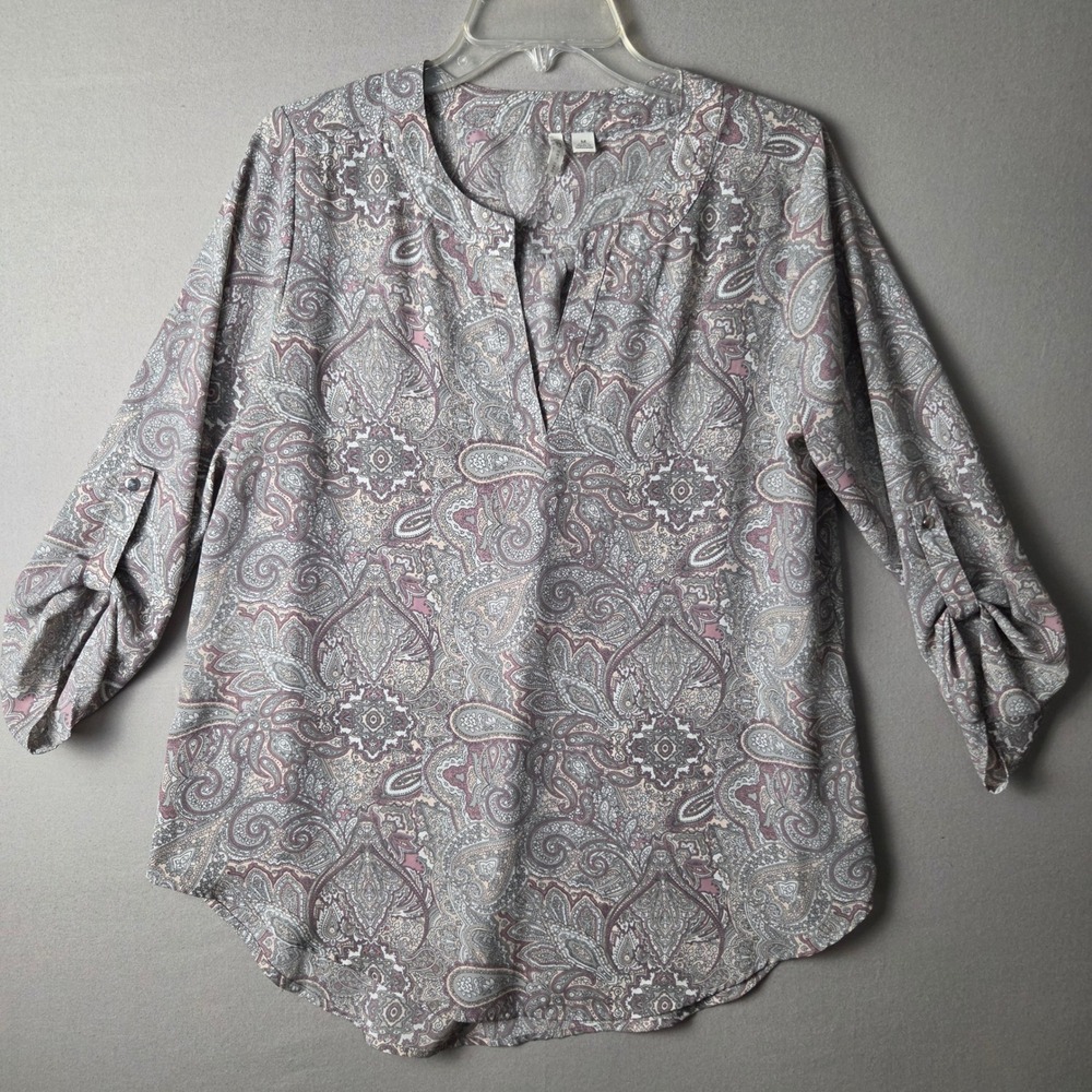 Cato Womens Gray Pink Paisley Split V-Neck Roll Tab Sleeve Tunic Blouse Size M